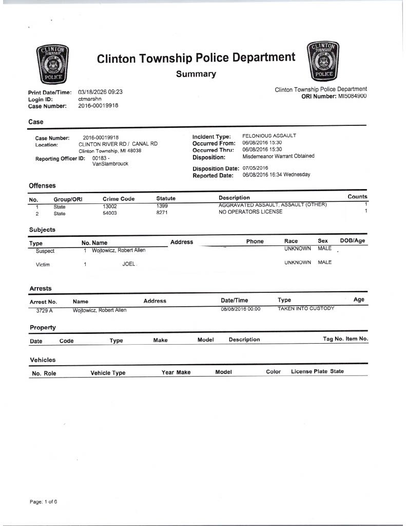 Clinton Township Police Department report concerning Robert Wojtowicz, 2016 case, page 1